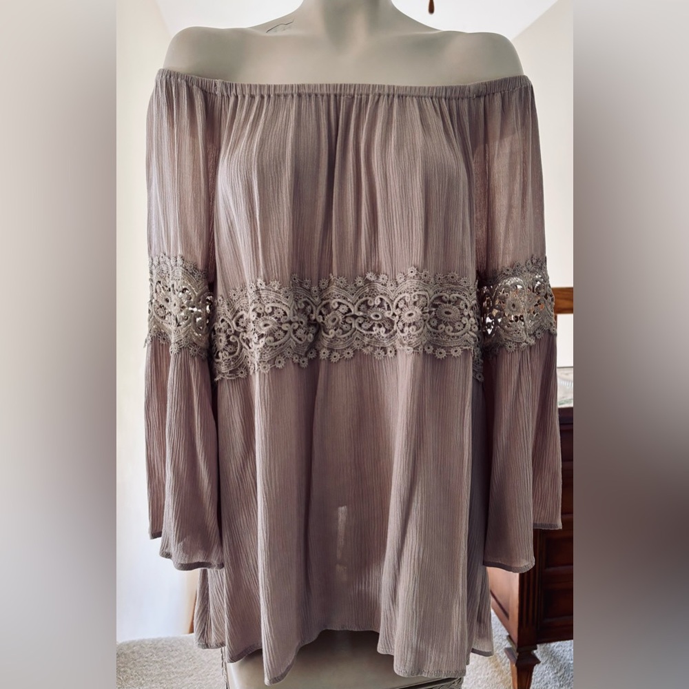 Umgee + Off Shoulder Lace Trim Tunic Length Blouse in Taupe - 2X